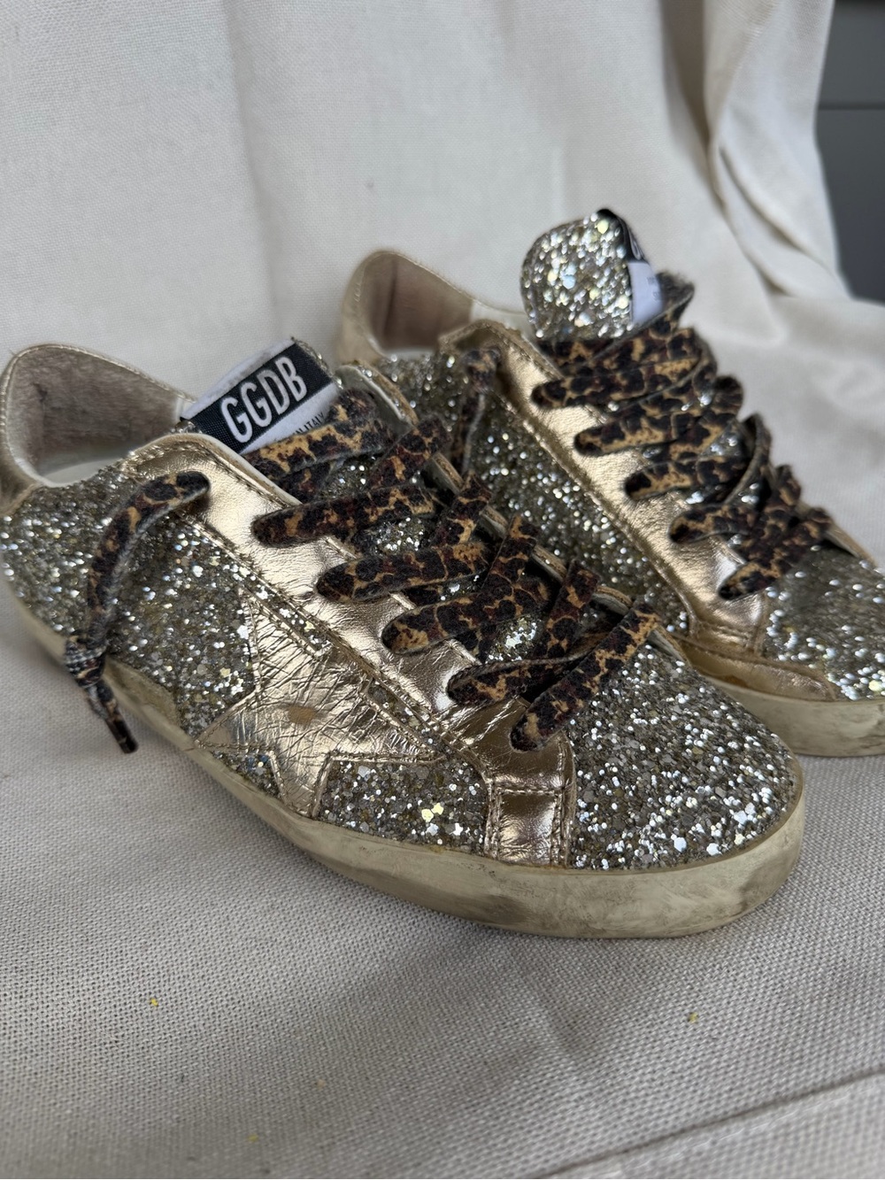 Golden Goose Women's Gold Glitter Low-Top Sneakers with Leopard Laces